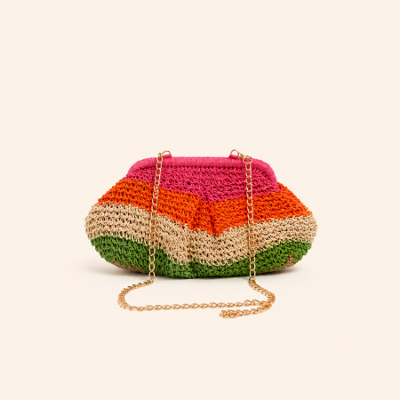 Sac oreiller femme en raphia tissé à rayures ajourées, style décontracté, multicolore