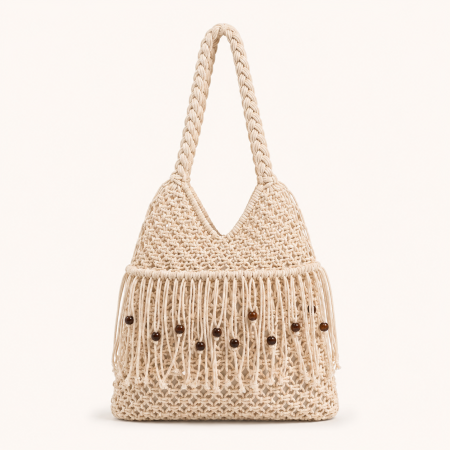 Sac carré pour femme en coton tissé, couleur unie, froncé, à pompons et perles, style vacances