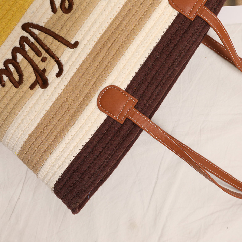 Sac Cabas Femme En Coton Tissé À Rayures Et Lettres, Style Décontracté, Couleurs Assorties Image8
