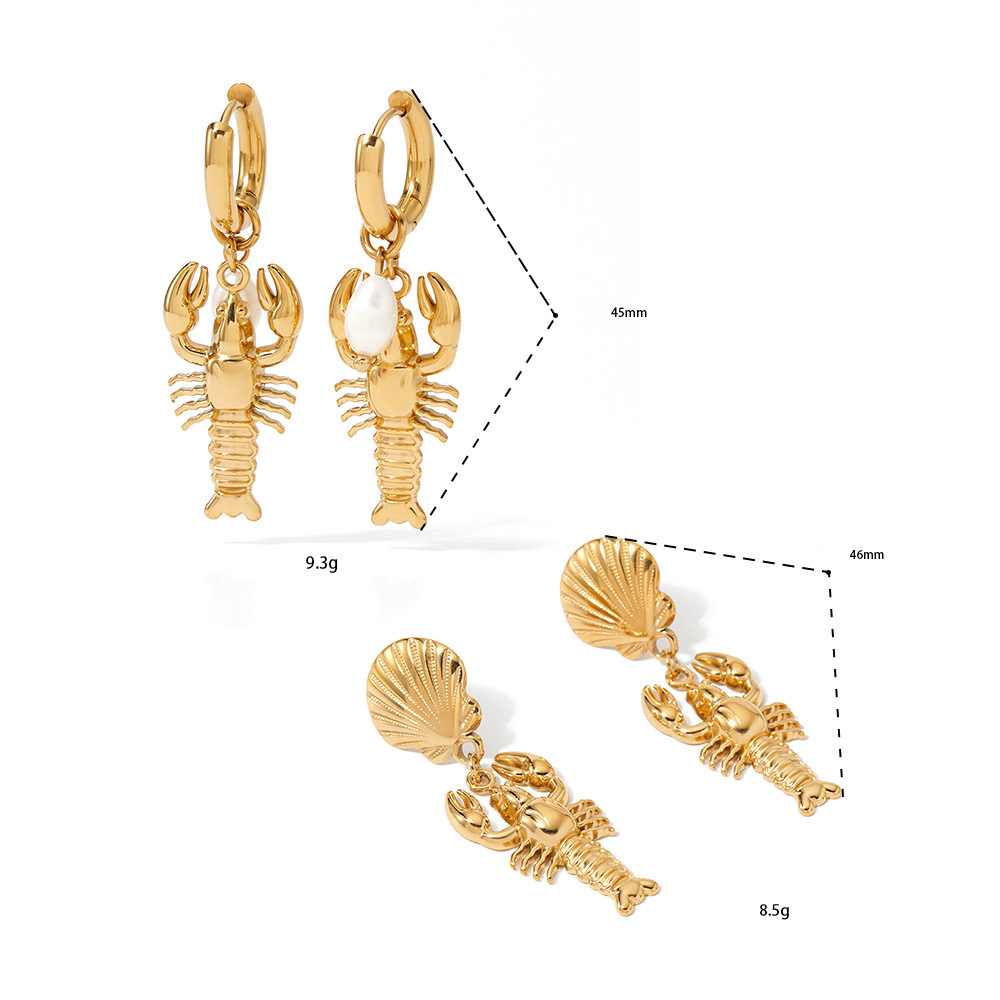 Boucles D'Oreilles Pendantes Pour Femme, Style Homard, En Acier Inoxydable Étanche Couleur Or, Avec Perles Artificielles. Image5