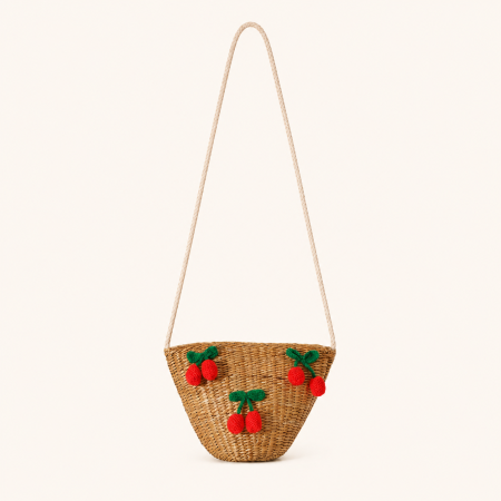 Sac trapèze femme en raphia tissé brodé à nœud papillon cerise, style décontracté
