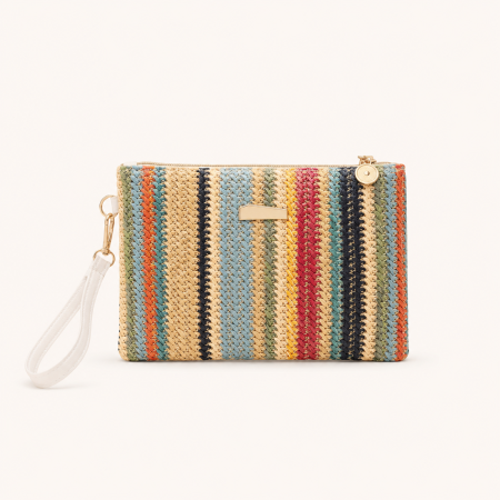 Sac carré pour femme en raphia tissé à rayures multicolores, style décontracté