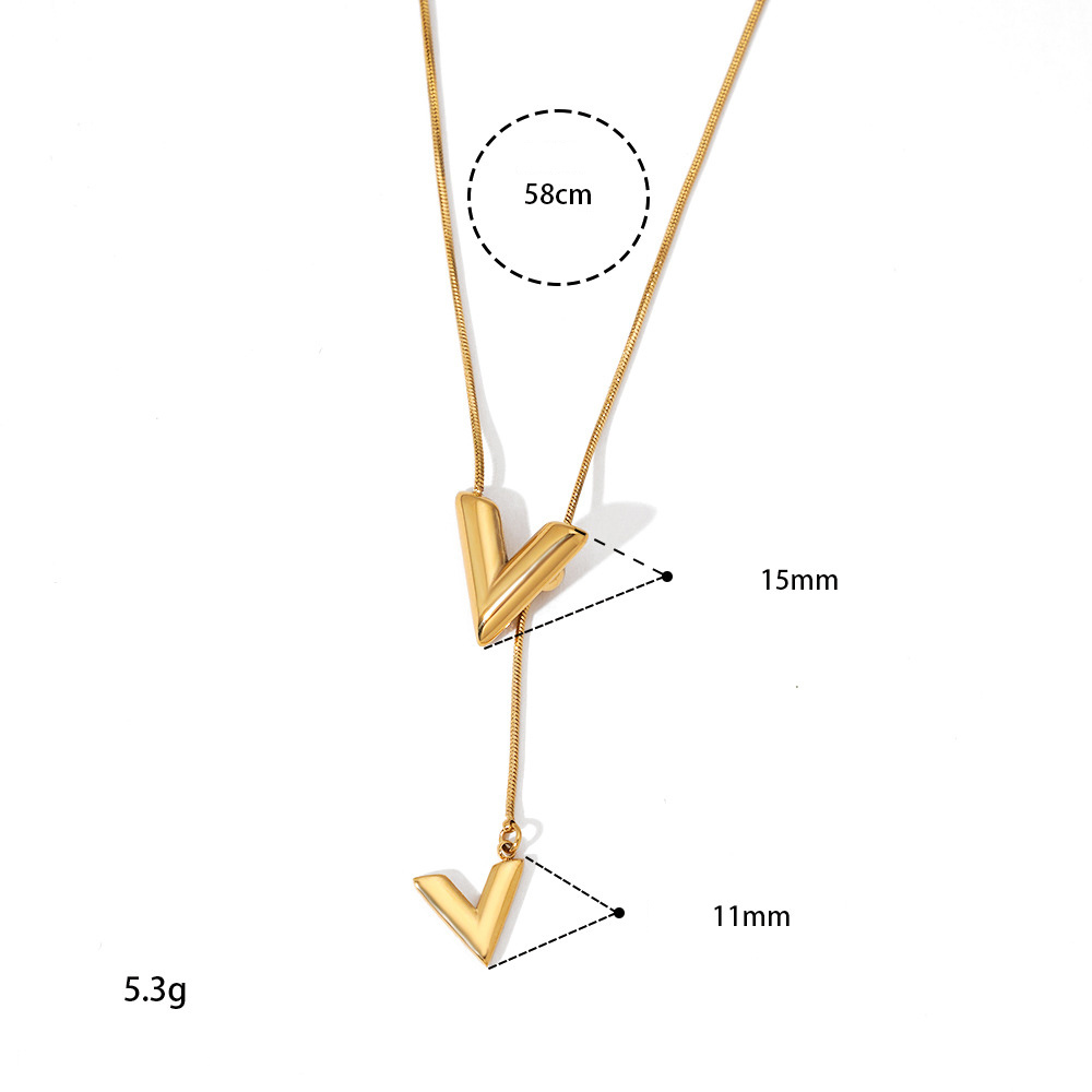 Colliers Pendentifs Pour Femmes En Acier Inoxydable Étanche, Forme Simple En V, Couleur Or Image2