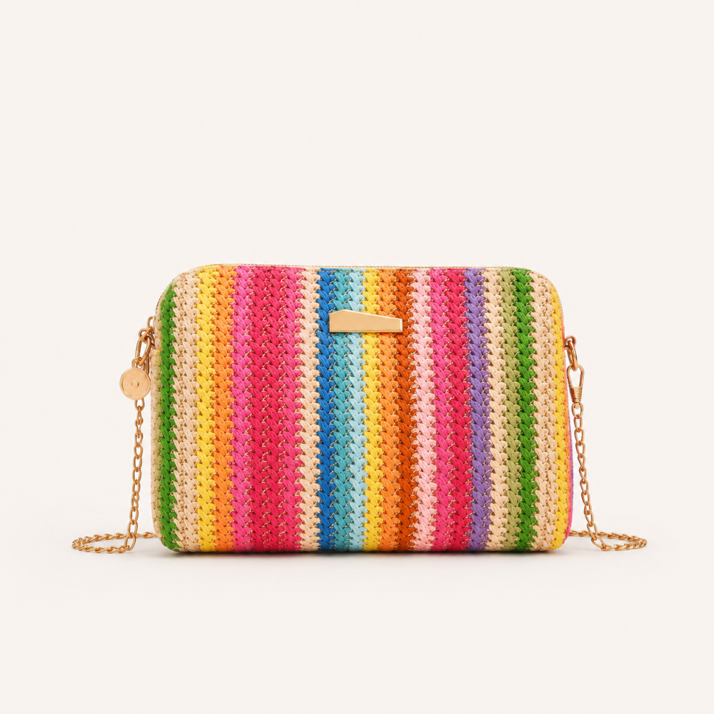 Sac Carré Pour Femme En Raphia Tissé À Rayures Multicolores Style Décontracté 