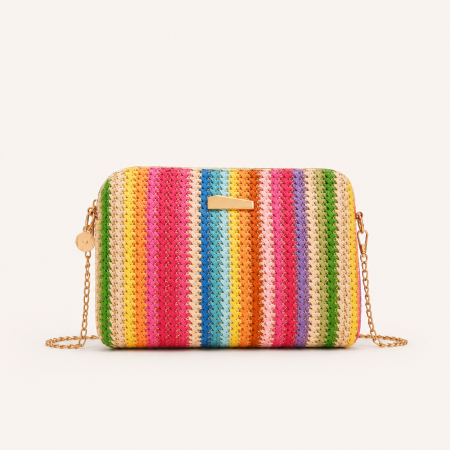 Sac carré pour femme en raphia tissé à rayures multicolores style décontracté
