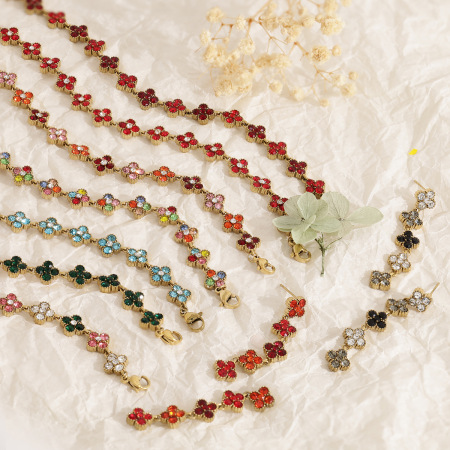 Ensembles de colliers pour femmes, collection romantique, élégants, en acier inoxydable, imperméables, ornés de zircons colorés et de motifs trèfle.