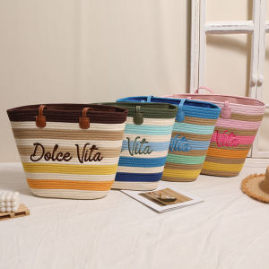 Sac Cabas Femme En Coton Tissé À Rayures Et Lettres, Style Décontracté, Couleurs Assorties h5 Image4