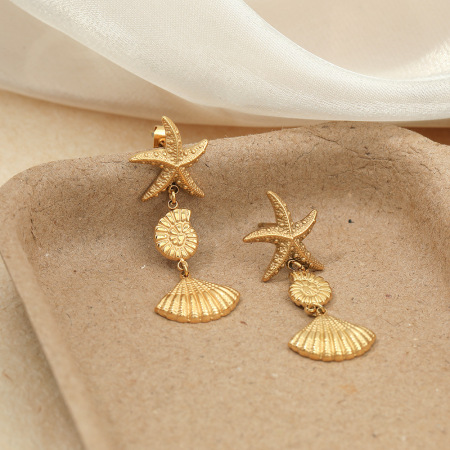 Boucles d'oreilles pendantes pour femme, style océan, coquillage et étoile de mer, en acier inoxydable étanche, couleur or.