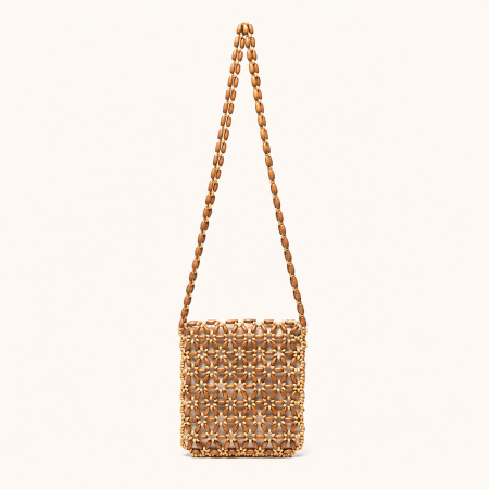 Sac carré pour femme en bois tressé, perles florales ajourées et perles multicolores, style vacances