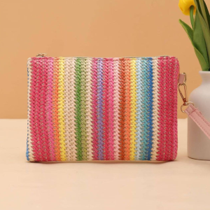 Sac Carré Pour Femme En Raphia Tissé À Rayures Multicolores, Style Décontracté h5 Image4