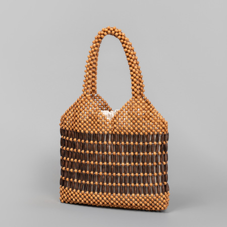 Sac carré pour femme en bois multicolore ajouré et perles tissées style vacances
