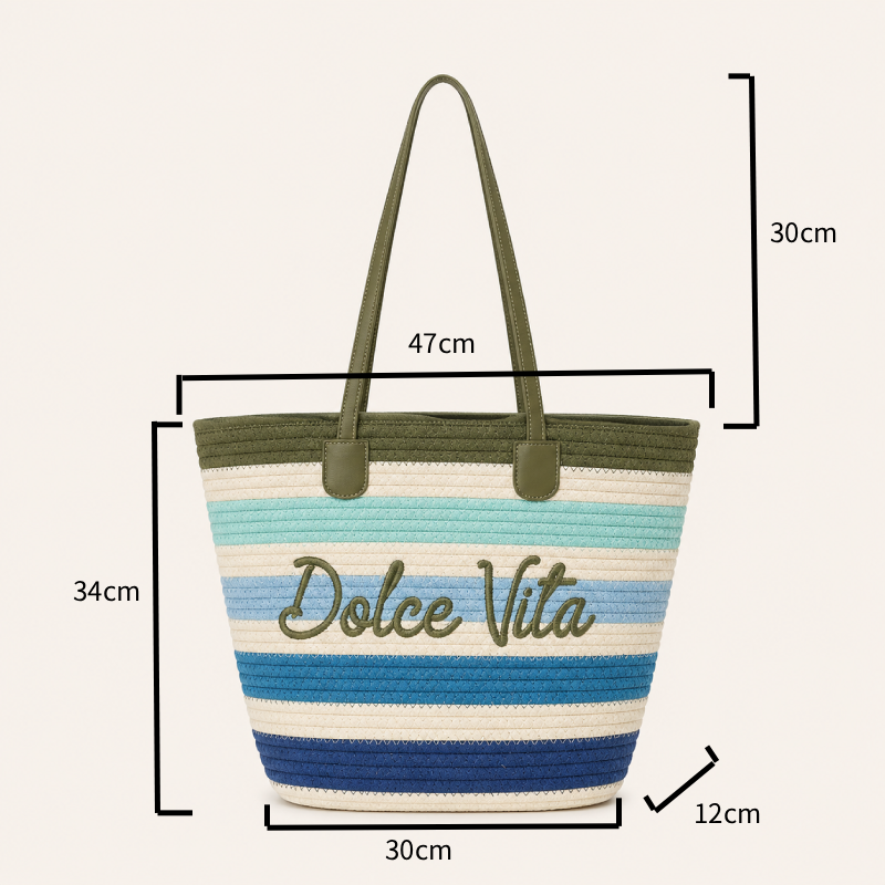 Sac Cabas Femme En Coton Tissé À Rayures Et Lettres, Style Décontracté, Couleurs Assorties Image9