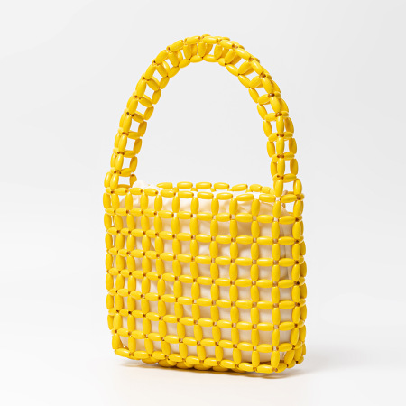 Sac carré pour femme en bois ajouré, tissé, uni, orné de perles et style décontracté