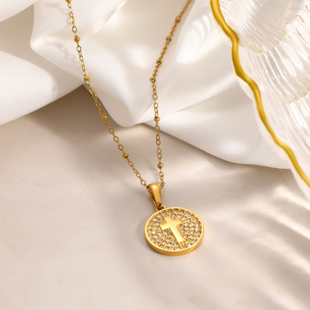 Colliers pendentifs pour femmes en forme de croix simple, en acier inoxydable, couleur or, avec strass et étanche