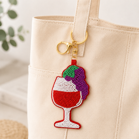 Porte-clés en alliage, perles de fruits et perles multicolores, collection Simple Series Casual Wine Glass. 2