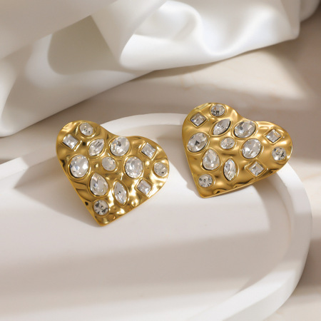 Boucles d'oreilles puces pour femmes, en acier inoxydable doré, imperméables, en forme de cœur et ornées de strass, collection Luxueuse.
