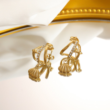 Boucles d'oreilles puces pour femmes en acier inoxydable, couleur or, étanches, avec strass et coquillage