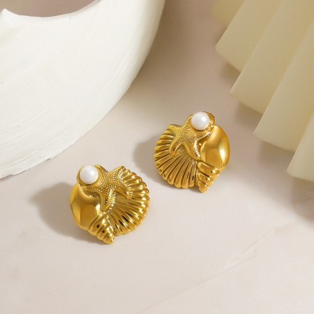 Boucles d'oreilles puces pour femmes, style océan, en acier inoxydable, imperméables, couleur or, avec perles artificielles et motif étoile de mer