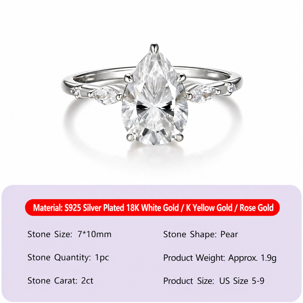 Bagues Pour Femmes En Moissanite S925 Couleur Or, Modèle Simple Droplet De La Série Luxueuse