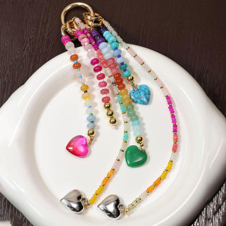 Collection romantique - Perles en forme de cœur - Agate naturelle multicolore - Breloques pour sac