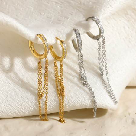 Boucles d'oreilles pendantes pour femmes, en acier inoxydable étanche, couleur or, ornées de strass et d'un pompon.