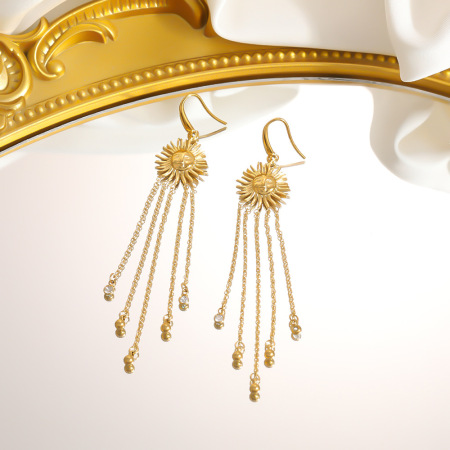 Boucles d'oreilles pendantes pour femmes, en acier inoxydable imperméable, couleur or, avec pompon soleil et strass.
