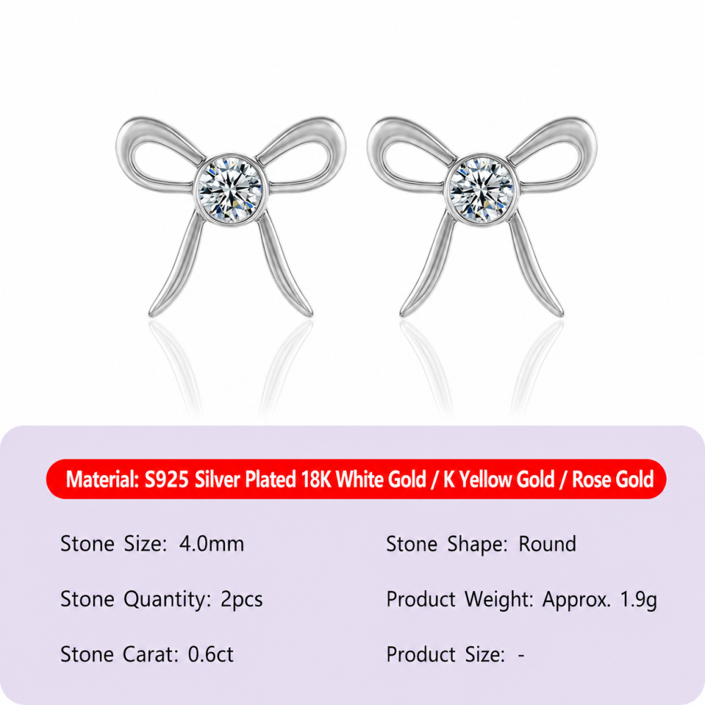 Boucles D'Oreilles En Moissanite S925 Plaqué Platine, Élégantes Et Ornées D'Un Nœud Papillon, Collection Simple Series. 