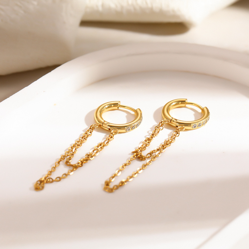 Boucles D'Oreilles Pendantes Pour Femmes, En Acier Inoxydable Étanche, Couleur Or, Ornées De Strass Et D'Un Pompon. Image5