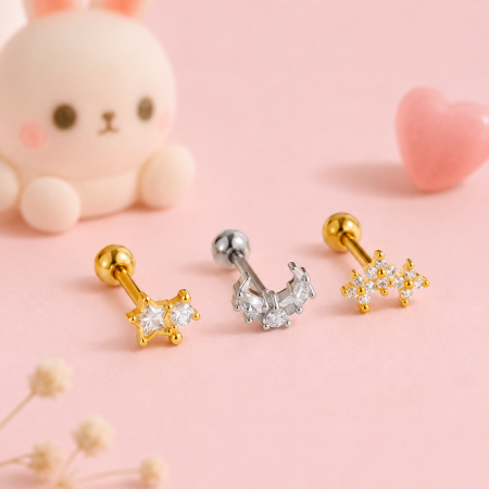 Boucles d'oreilles piercing pour femmes, collection Simple, motif fleur et lune, couleur cuivre doré et zircon.