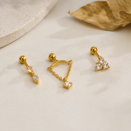 Boucles d'oreilles piercing pour femme, forme géométrique simple, couleur cuivre doré, zircon.
