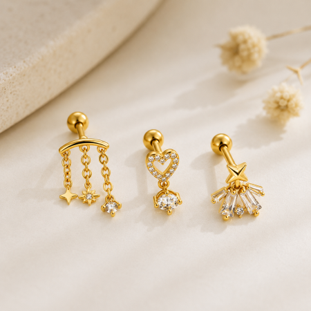 Boucles d'oreilles piercing femme, forme simple cœur et étoile, zircon couleur cuivre doré