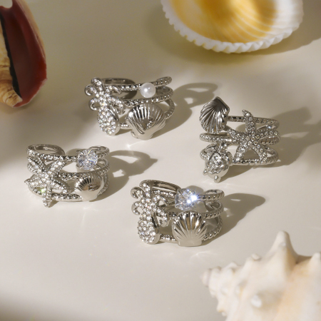 Bagues tendance style océanique en acier inoxydable étanche avec zircon et perles artificielles
