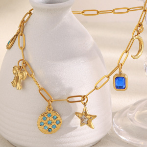 Colliers Pendentifs Pour Femmes En Acier Inoxydable, Ornés D'Un Nœud Papillon, D'Une Étoile Et D'Une Lune, Et De Zircon Doré, Étanches. h5 Image2