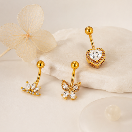 Piercings de nombril en zircon couleur cuivre doré, motif cœur, nœud papillon, étoile et papillon, série simple