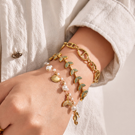 Bracelet chaîne pour femme, style océanique, en acier inoxydable, étanche, couleur or, orné de perles artificielles. 2