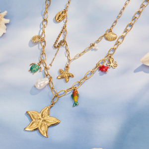 Colliers Pour Femmes Avec Pendentif Étoile De Mer En Acier Inoxydable, Couleur Or, Étanche Et Perles Artificielles. h5 Image3