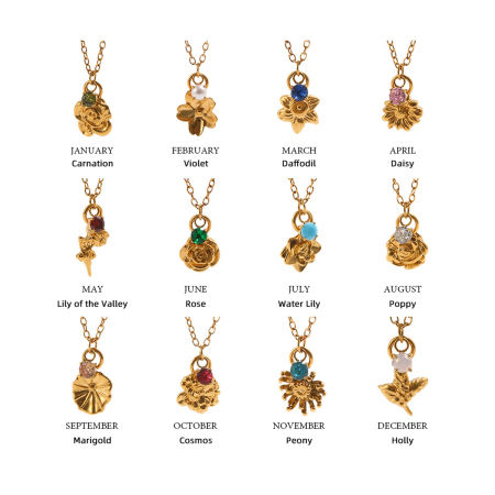 Colliers pendentifs pour femmes en acier inoxydable, couleur or, motif fleur douce, année de naissance 12 mois 2