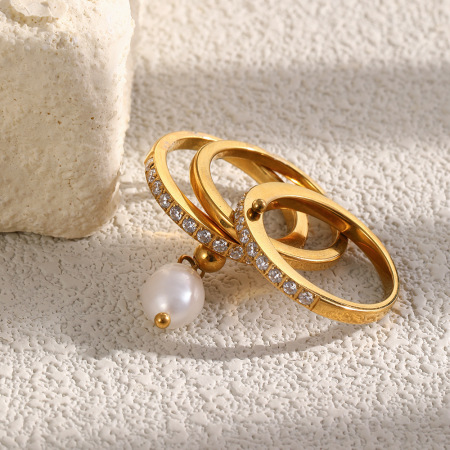 Bagues pour femmes de la luxueuse collection Circle en acier inoxydable, étanches, couleur or, zircon et perle. 2