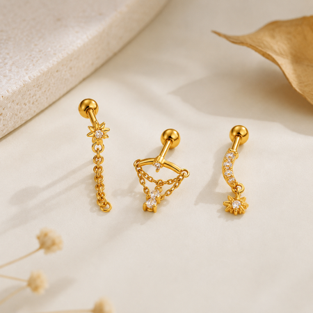 Boucles d'oreilles piercing pour femme, forme géométrique étoile, couleur cuivre doré, zircon.