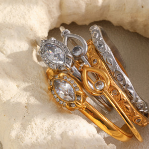 Bracelet Manchette Pour Femme En Acier Inoxydable Doré, Étanche, De Forme Elliptique Et Orné De Zircon, Collection Luxueuse. h5 Image3