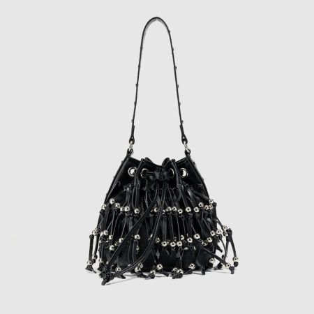 Sac seau femme en PU à rivets et pompons cloutés, style streetwear 2
