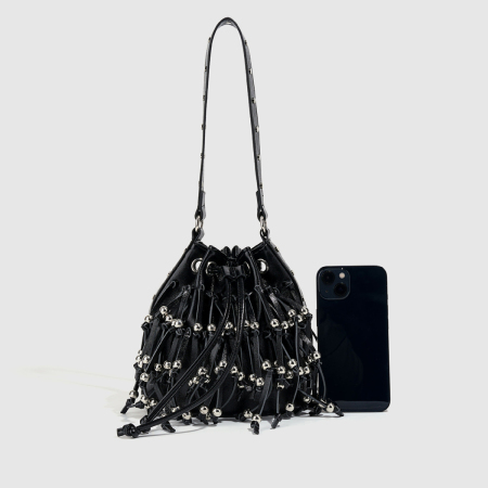 Sac seau femme en PU à rivets et pompons cloutés, style streetwear