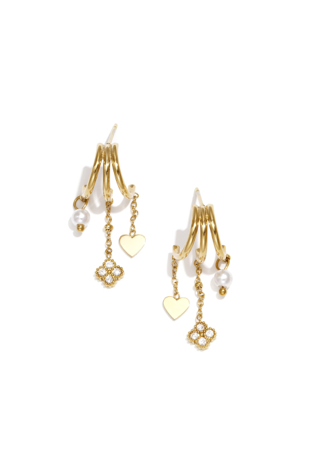 Boucles d'oreilles triples avec trèfle, cœur et perle pendants