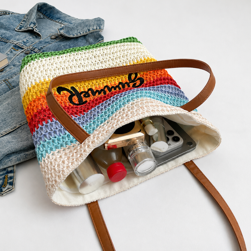Sac Carré Femme En Raphia Tissé À Rayures Et Lettres, Ajouré Et Multicolore, Style Vacances h5Image3