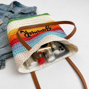 Sac Carré Femme En Raphia Tissé À Rayures Et Lettres, Ajouré Et Multicolore, Style Vacances h5 Image3
