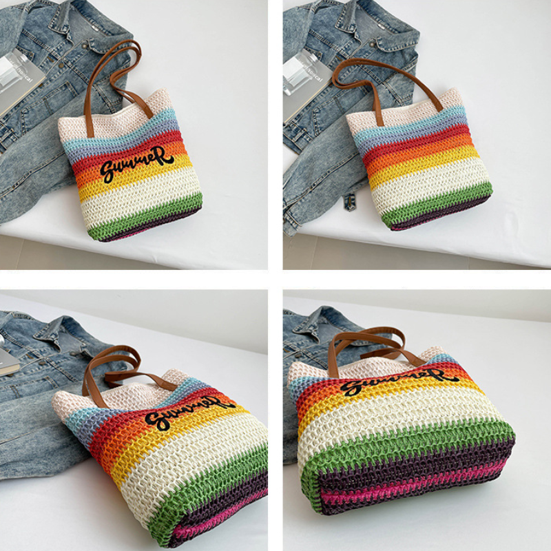 Sac Carré Femme En Raphia Tissé À Rayures Et Lettres, Ajouré Et Multicolore, Style Vacances h5Image4