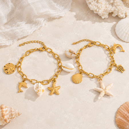 Bracelets à breloques pour femmes, collection Simple, style océanique, étoile de mer, en acier inoxydable étanche, couleur or