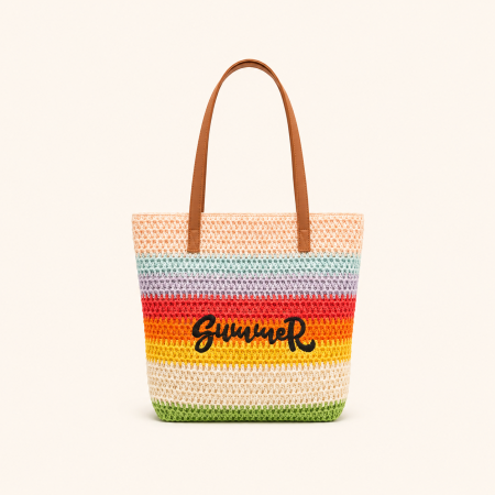 Sac carré femme en raphia tissé à rayures et lettres, ajouré et multicolore, style vacances