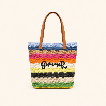 Sac carré femme en raphia tissé à rayures et lettres, ajouré et multicolore, style vacances 2