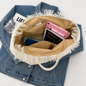 Sac Cabas Femme En Toile Multicolore À Rayures Et Pompons, Style Décontracté, Imprimé Léopard. h5 Image7